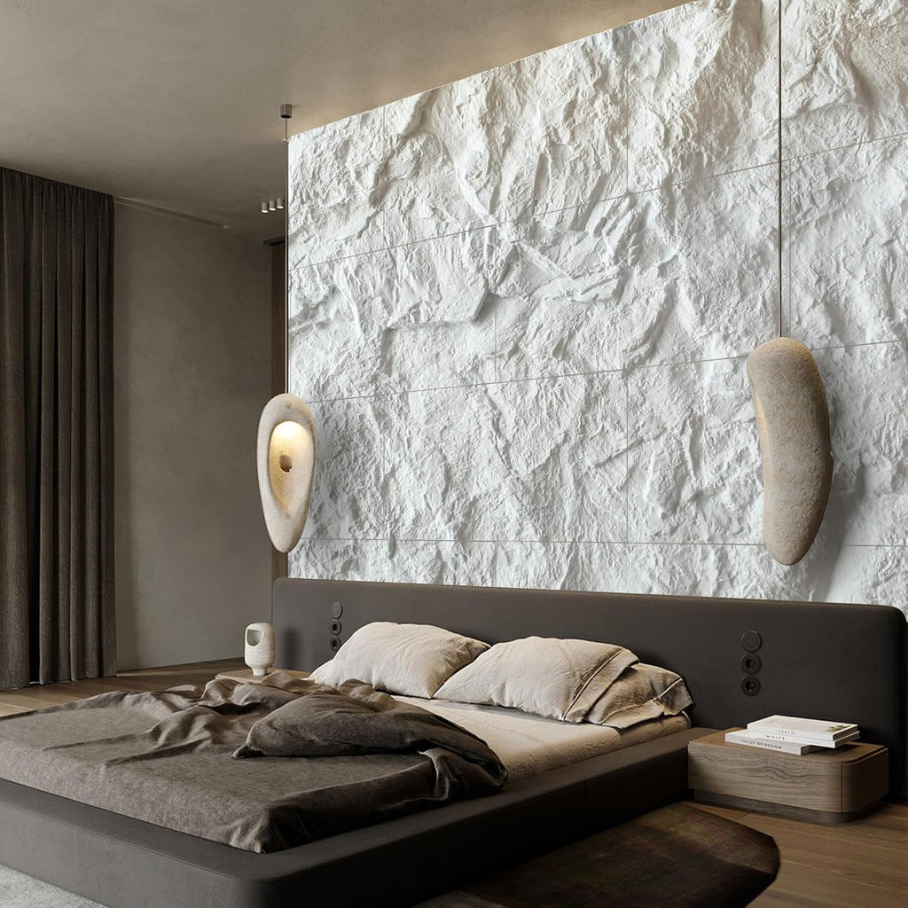 KASARO 3D Faux Stone Wall Panels, 4 PCS PU Wainscoting Panel - Cement Texture Thicker Design for Interior Wall Decor, Home & Office Accent Wall, Easy Install, 43.3' x 23.6' (White)