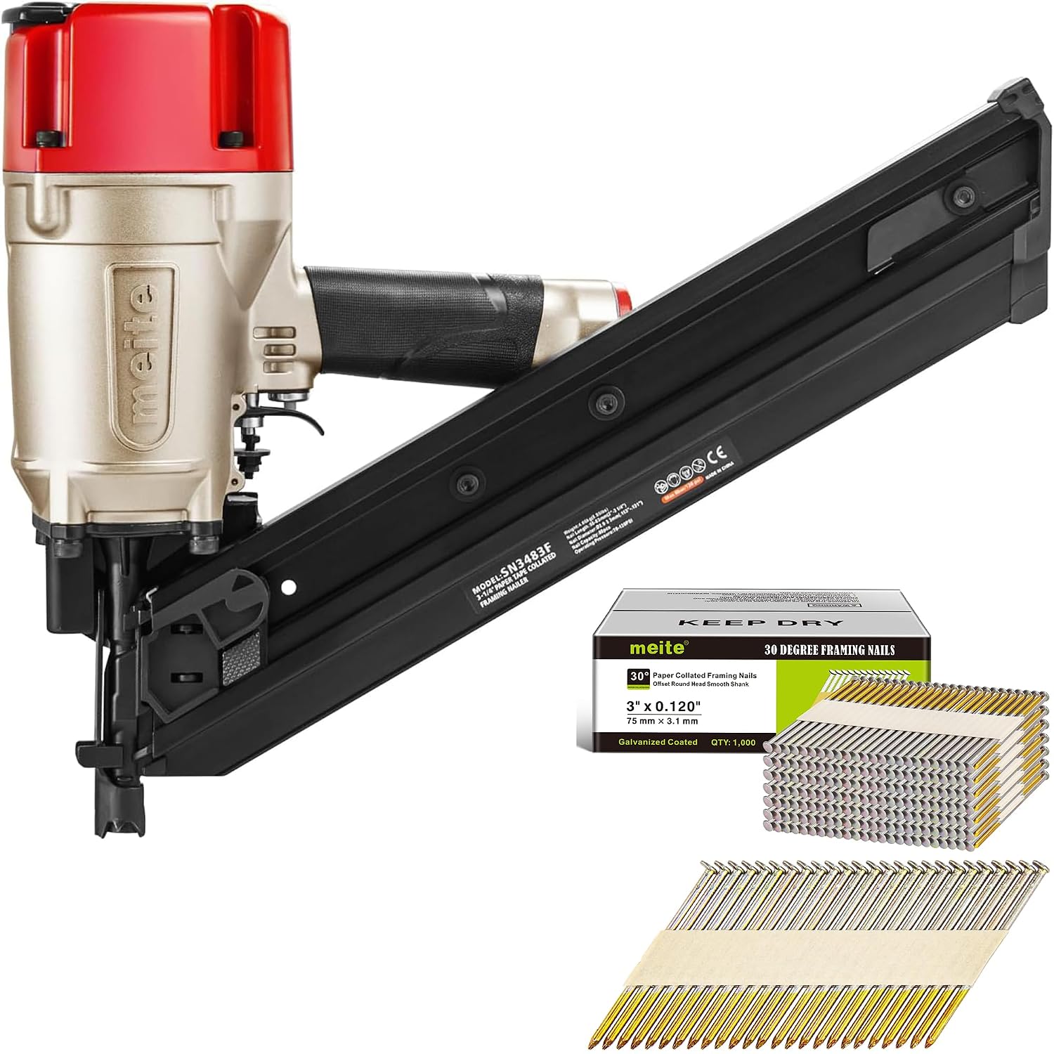 meite SN3483F 30 Degree Framing Nailer with 2-3/8 Inch Framing Nails, Galvanized Paper Collated Framing Nails Smooth Shank for Wall Stud Sheathing Decking 2,000PCS