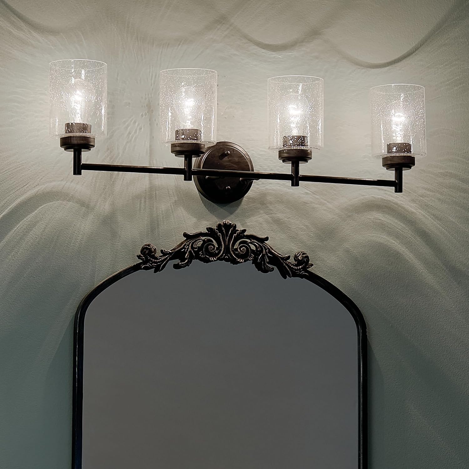 Kichler Winslow 30' 4-Light Bathroom Vanity Light Fixture with Clear Seeded Glass in Black, Modern Industrial Style for Bathroom and Powder Room, (30' x 9.25' x 6.5'), 45887BK