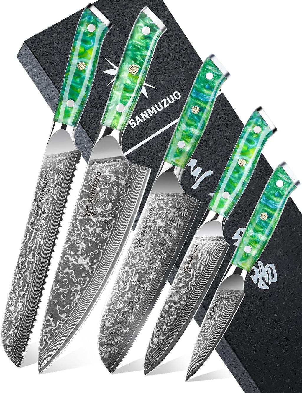 Chef Cooking Knives Set- Kitchen Knife Set of 5 Piece - Ultra-Sharp VG10 Damascus Steel & Resin Handle - Xuan Series (Jade Green)