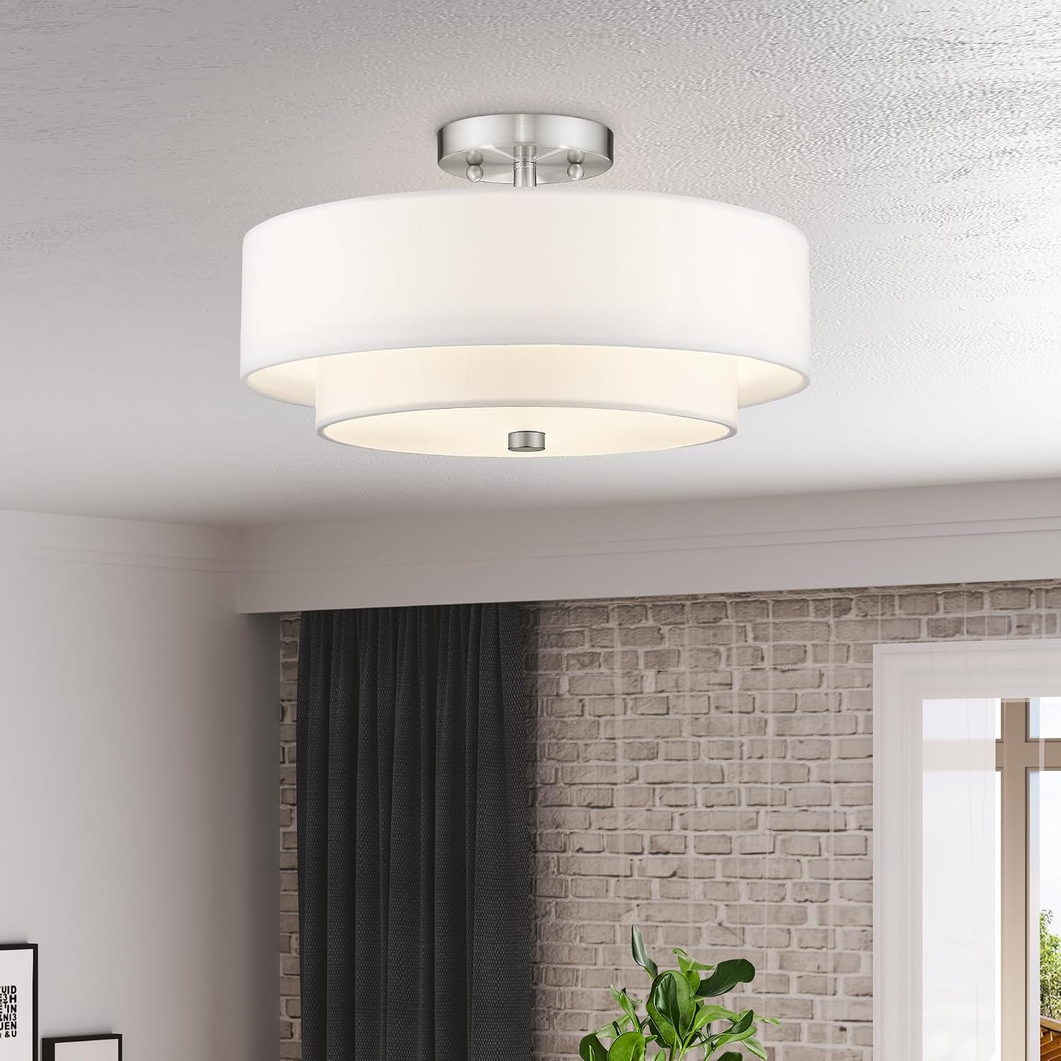 Livex Lighting 51044-91 Brushed Nickel Flush Mount with Off-White Fabric Hardback Shade