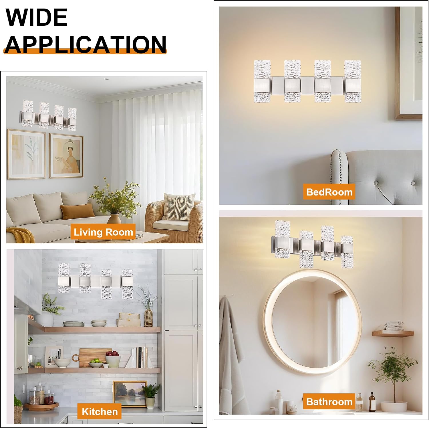 LED 32W 4 Light Vanity Wall Lighting in Brushed Nickel Finish, Indoor Bathroom Lighting with Crystal Lampshade Wall Mounted Lights Fixtures for Modern Bathroom Decor