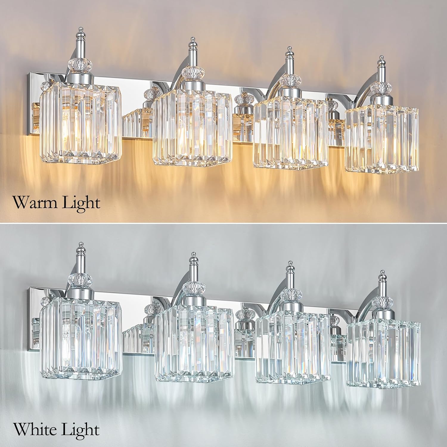 Modern Bathroom Vanity Light 4-Light Chrome Crystal Light Fixtures Over Mirror for Bathroom Wall Sconce