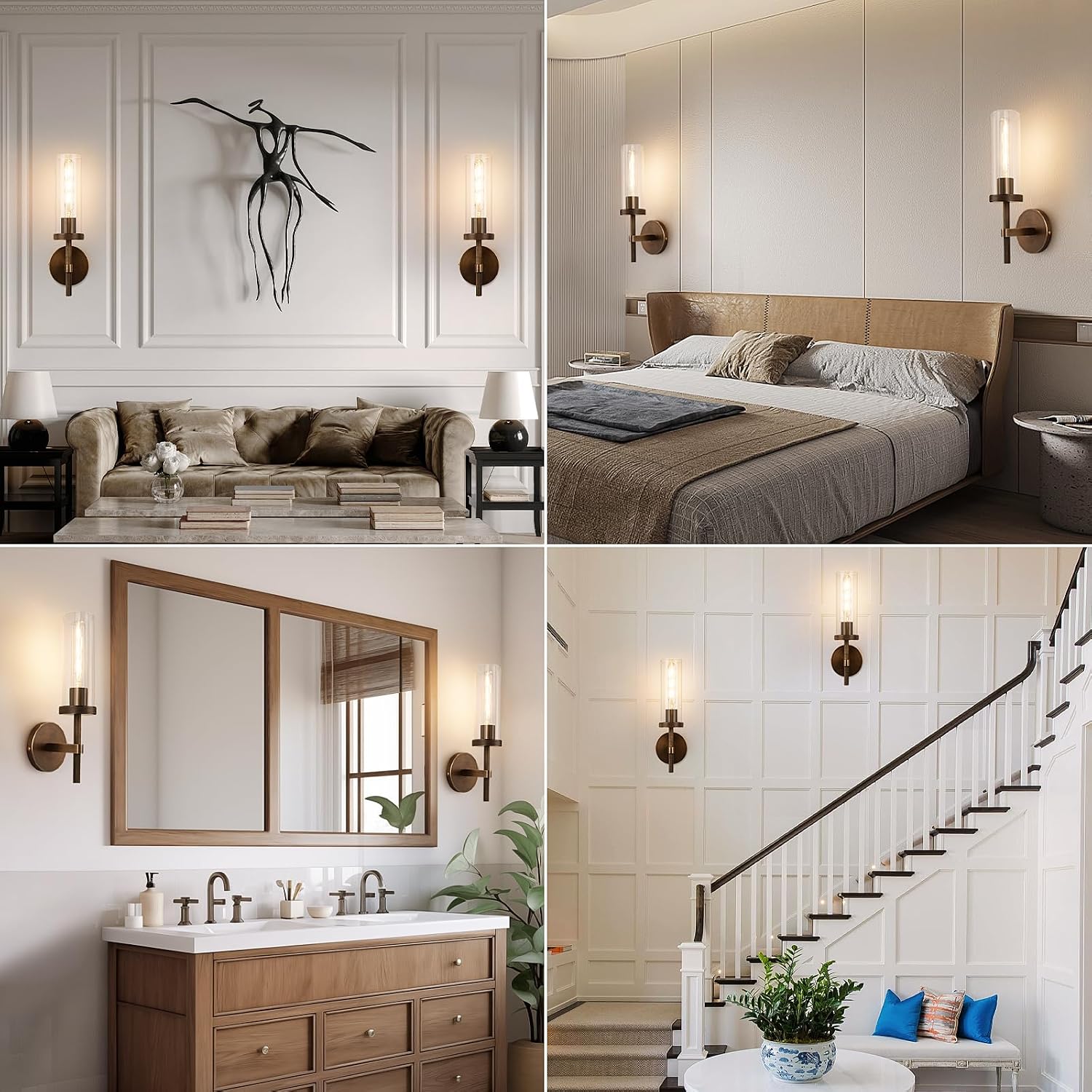 15' Knurled Brass Wall Sconces Set of 2, Bronze Bathroom Vanity Light Fixtures with Clear Glass Tube, Modern Lamp Lighting for Bedroom, Living Room, Hallway, Staircase, Mirror, Kitchen