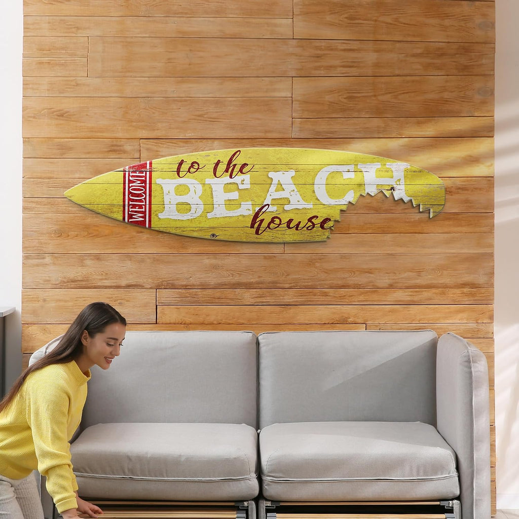 American Art Decor Welcome to the Beach House Shark Bite Wood Surfboard Plaque Wall Art Indoor Decor Sign Beach Themed Plank for Tiki Bar, Bedroom, Living Room, Garage, Man Cave, 60'x15'