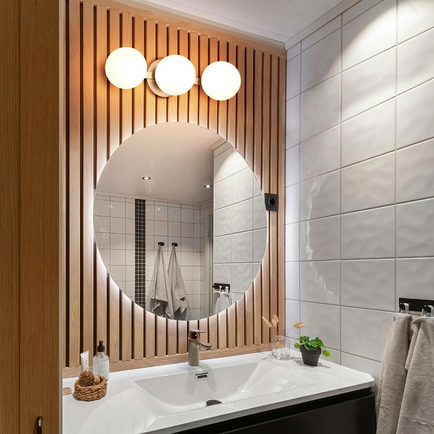 Bathroom Vanity Light Fixtures, Modern 3 Lights Globe Wall Sconce Lighting Brushed Nickel, Porch Wall Mount Light Fixture for Bathroom, Mirror Cabinets Hallway Stairs