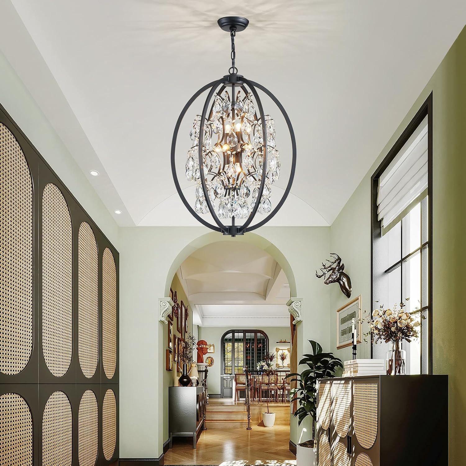 WUZUPS Globe Crystal Chandelier Raindrop Pendant Flushmount Ceiling Light Modern Lighting Fixture for Bedroom Hallway Bar Kitchen Bathroom, H 23.6' x W 19.7', Black, 8 E12 Base