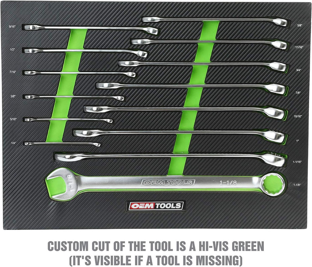 OEMTOOLS 23993 14PC Combo Wrench Set, SAE Wrench Set 1/4'-1-1/8', Posi Grip Wrenches, Heat Treated Steel Open End, Foam EVA Tray Wrench Holder