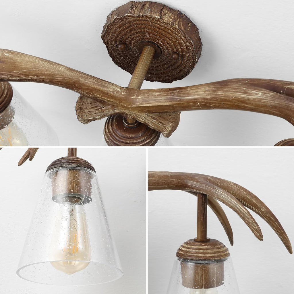 JONATHAN Y 25.5' Brown Wood Finish 3-Light Resin Faux Antler LED Vanity Light, Southwestern Bohemian Wall Sconce with Seeded Glass Shades, UL Listed, LED Bulbs Included JYL6309A