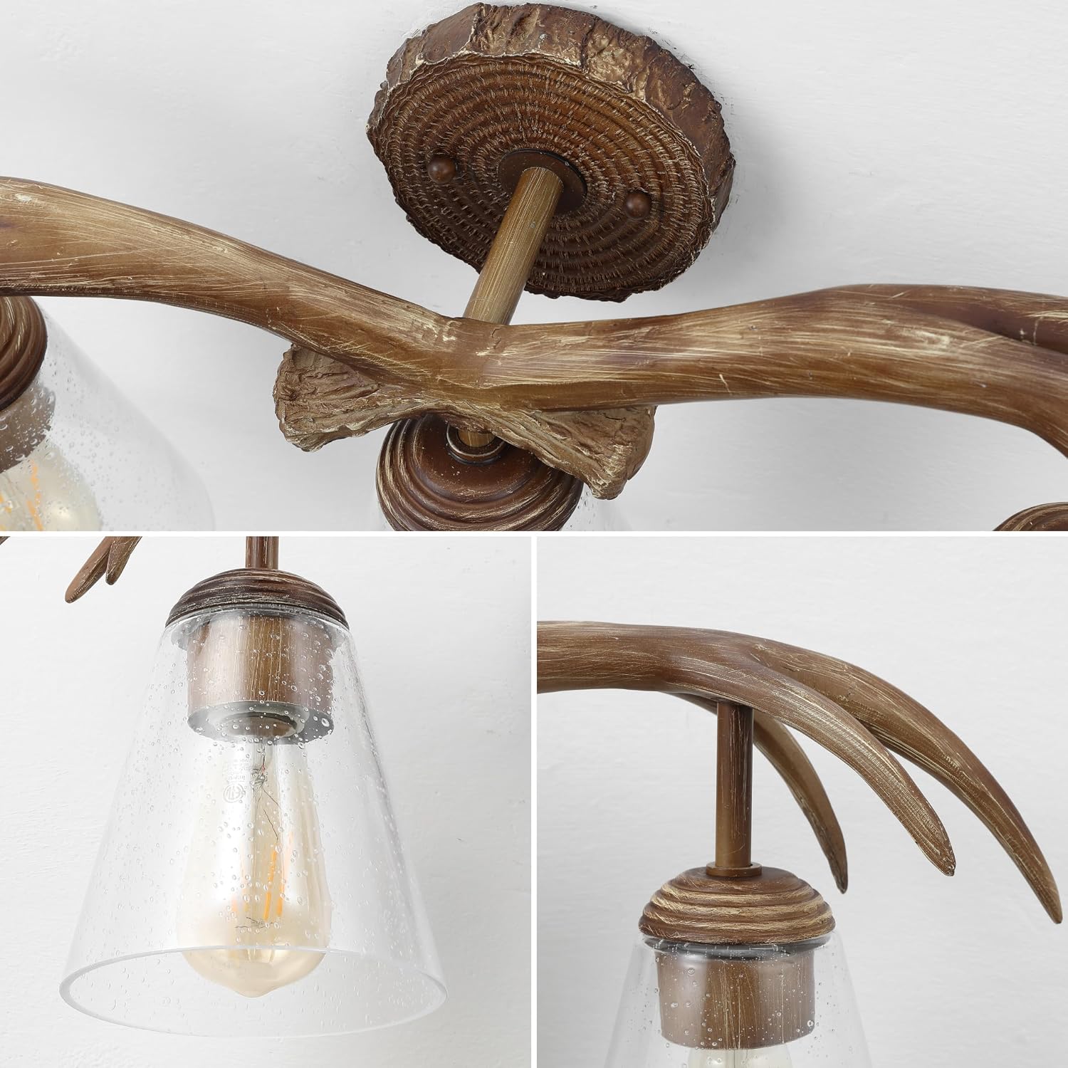 JONATHAN Y 25.5' Brown Wood Finish 3-Light Resin Faux Antler LED Vanity Light, Southwestern Bohemian Wall Sconce with Seeded Glass Shades, UL Listed, LED Bulbs Included JYL6309A