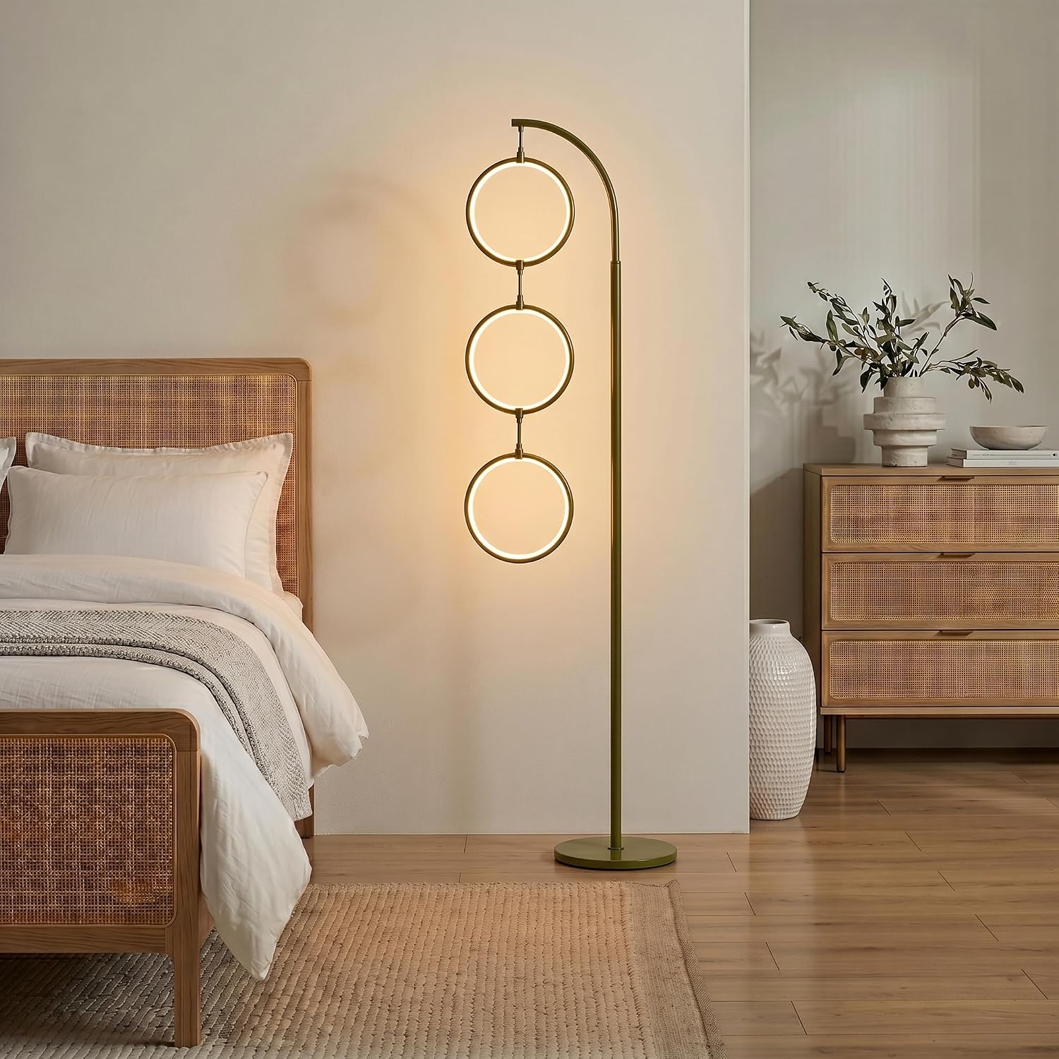Brightech Nova Modern Floor Lamp - Contemporary Arc Tall Lamp with 3-Circle Ring-Style Pendant - Over the Couch Standing Lamp on Arching Pole - Eclectic Tall Lamp Matches Living Room Décor - Green