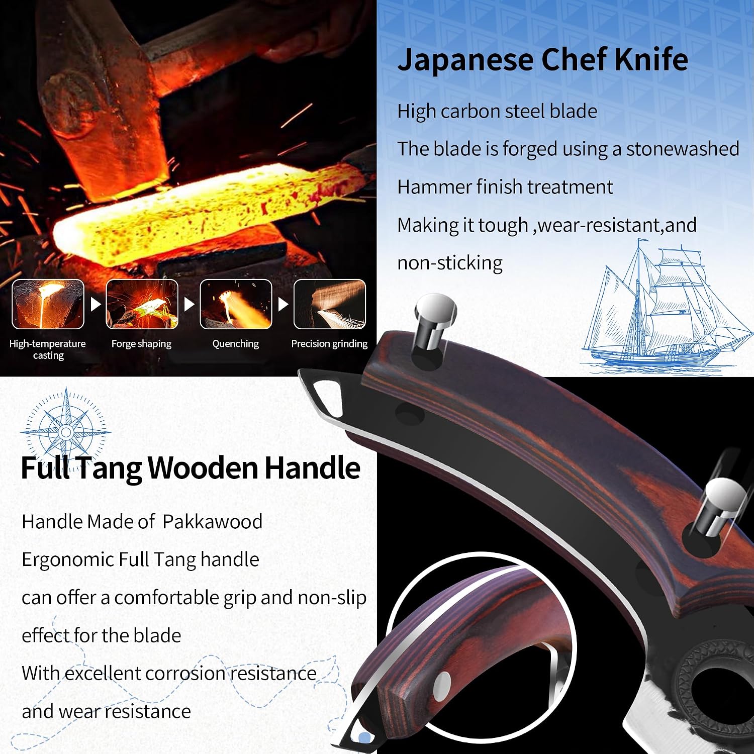 XYJ Authentic Since 1986,Knife Block Set,High Carbon Steel Forged Blades,Kitchen Knives Set with Wooden Magnetic Knife Block,Sharpening Steel,Cutting Board,Cleaver Slicing Knife,Wood Handle