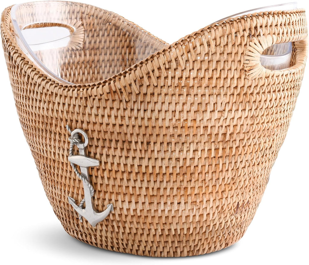 Vagabond House Beach Essentials - Cooler, Handwoven Rattan Wicker Champagne Bucket with Pewter Anchor Accent, Boho Bucket, Beach Home, Coastal Decor, Lightweight Holds Multi Wine Bottles Beer Soda