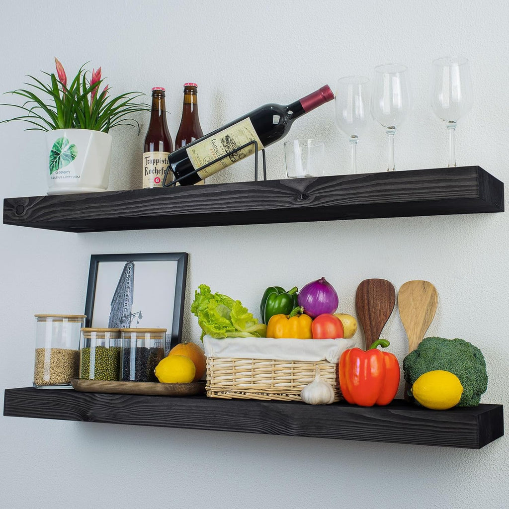 Wood Floating Shelves Set of 2, 36 Inch Long, 8 Inch Deep Solid Wood Wall Mounted Shelves for Living Room Kitchen, Book Shelf for Wall with Hidden Bracket - Black