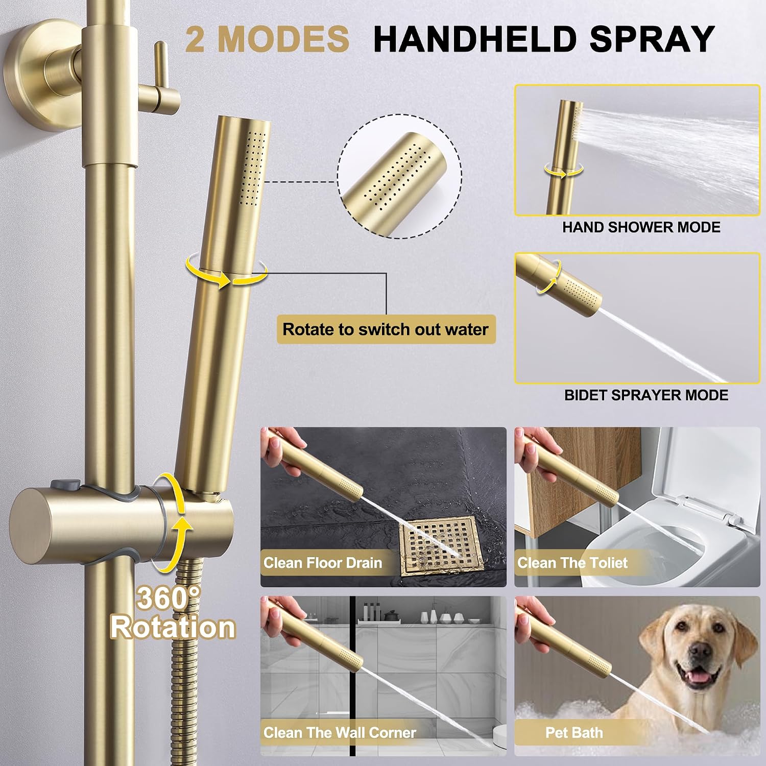 Brushed Gold Exposed Shower System with 2 Modes HandHeld,3 Functions Tub Shower Faucet Sets with Brass Valve, Shower Fixture with 10 Inches Rainfull Shower Head,Shower Height Adjustable