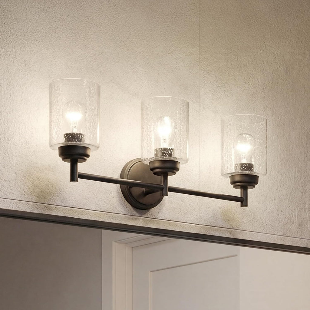 Kichler Winslow 21.5' 3-Light Bathroom Vanity Light Fixture with Clear Seeded Glass in Black, Modern Wall Mount Lighting for Mirror over Vanity in Bathroom, 45886BK