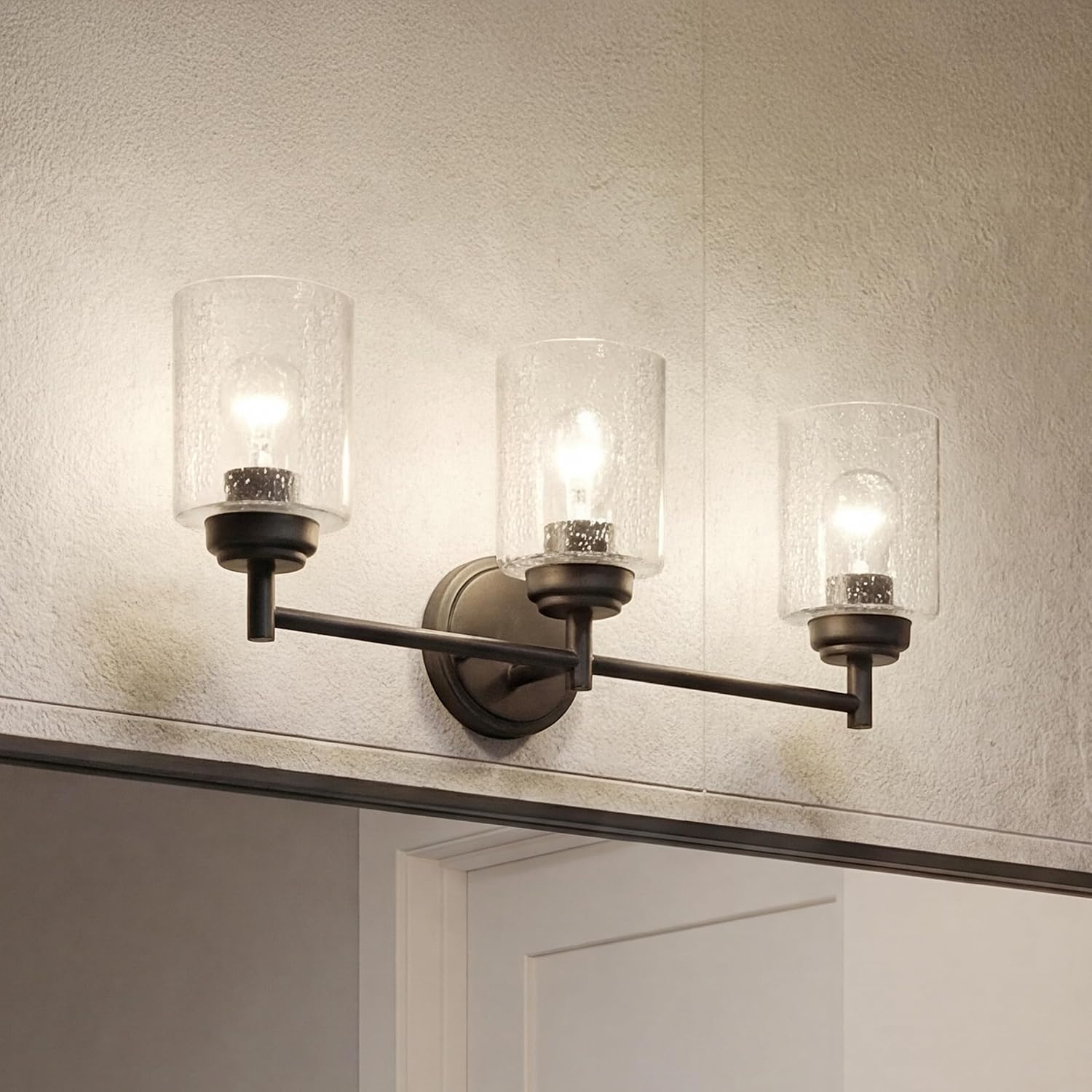 Kichler Winslow 21.5' 3-Light Bathroom Vanity Light Fixture with Clear Seeded Glass in Black, Modern Wall Mount Lighting for Mirror over Vanity in Bathroom, 45886BK