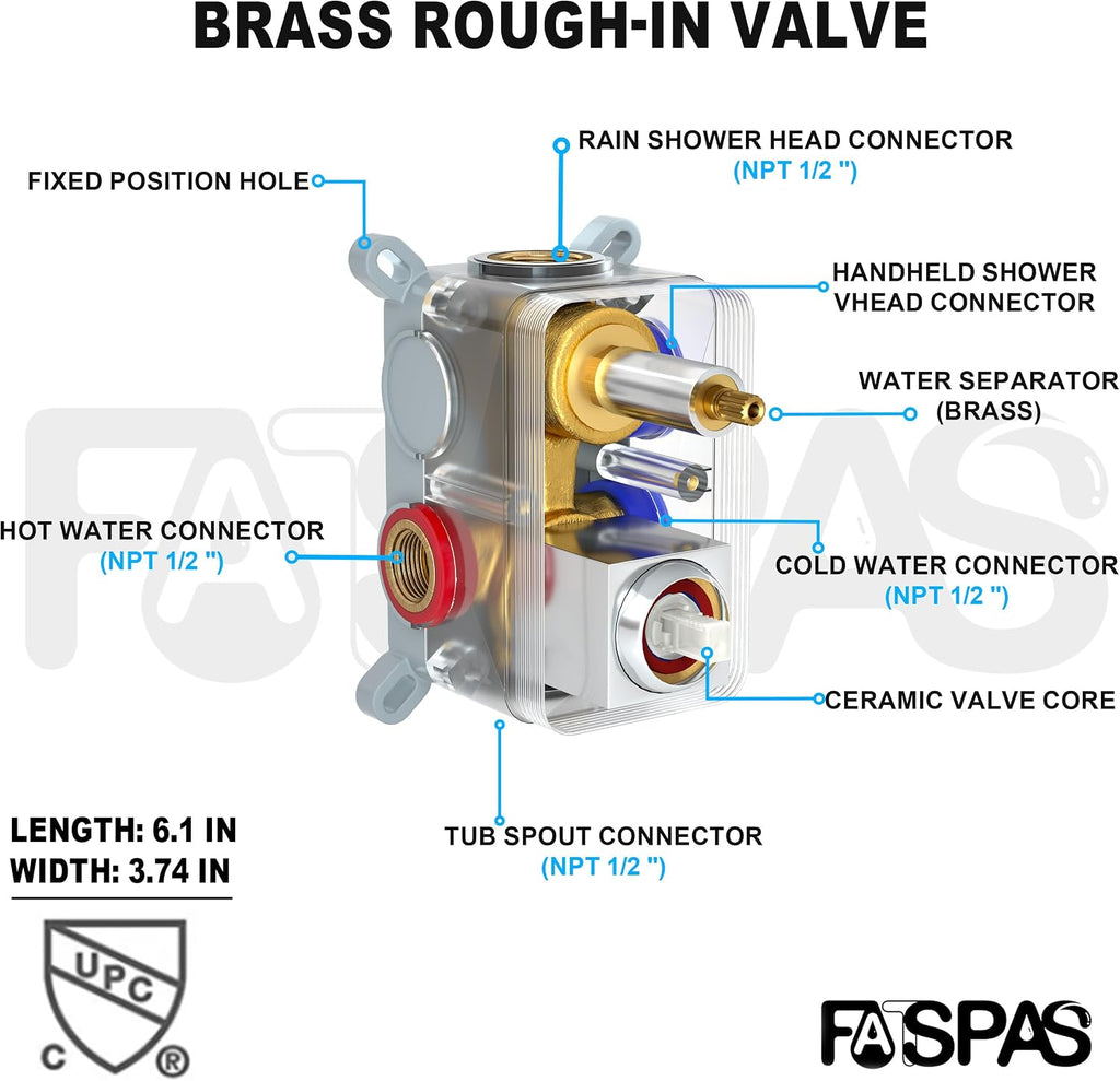 Polished Chrome Shower System with 12-Inch Rain Showerhead and Tub Spout | cUPC-certified pressure balance brass valve to prevent scalding, CEC-certified air injection technology for low pressure
