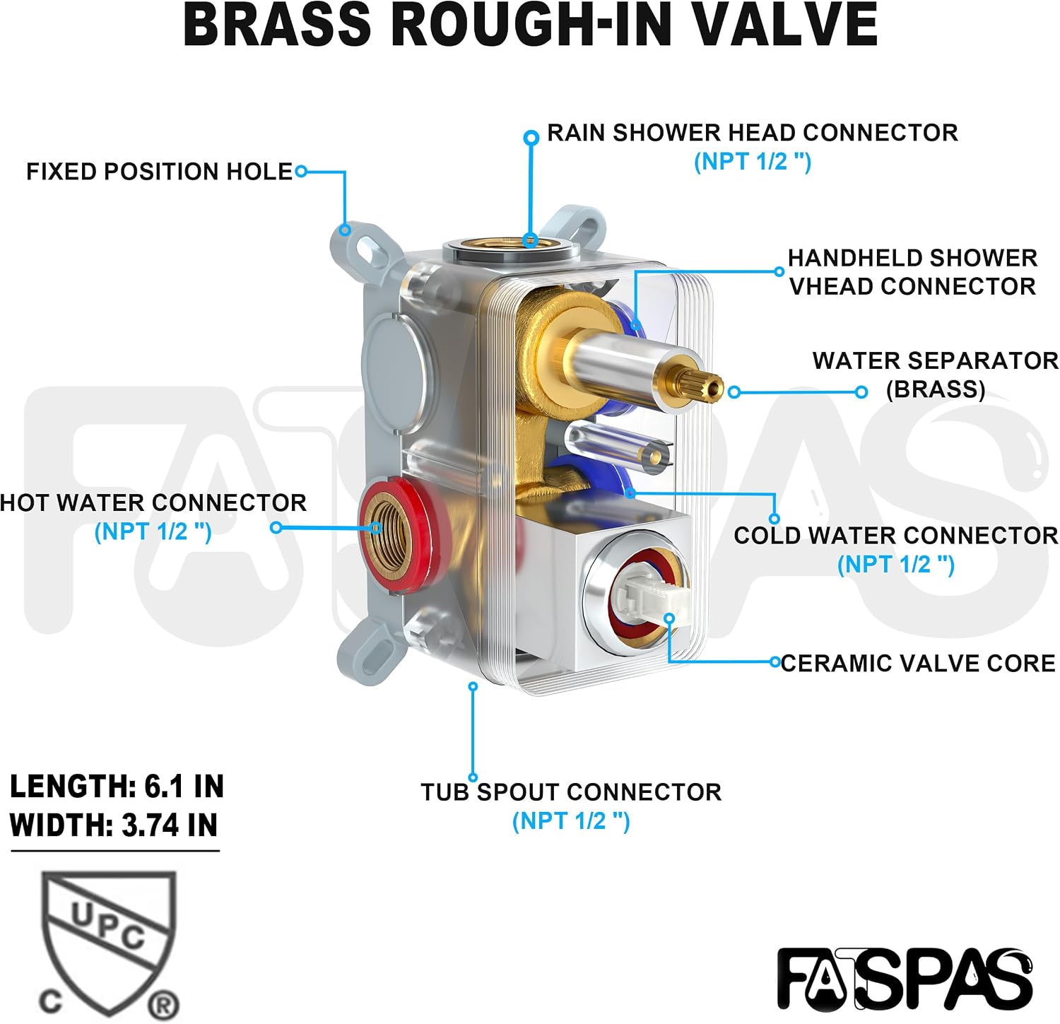 Polished Chrome Shower System with 12-Inch Rain Showerhead and Tub Spout | cUPC-certified pressure balance brass valve to prevent scalding, CEC-certified air injection technology for low pressure