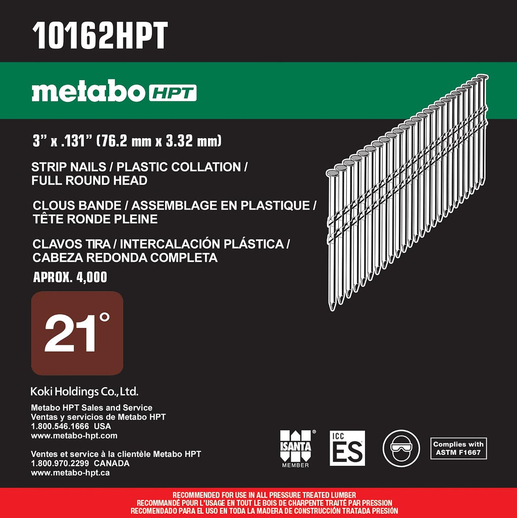 Metabo HPT Framing Nails | 3' x .131 | 21 Degree | Full Round Head | Hot Dipped Galvanized | Smooth Shank | 4,000 Count | 10162HPT