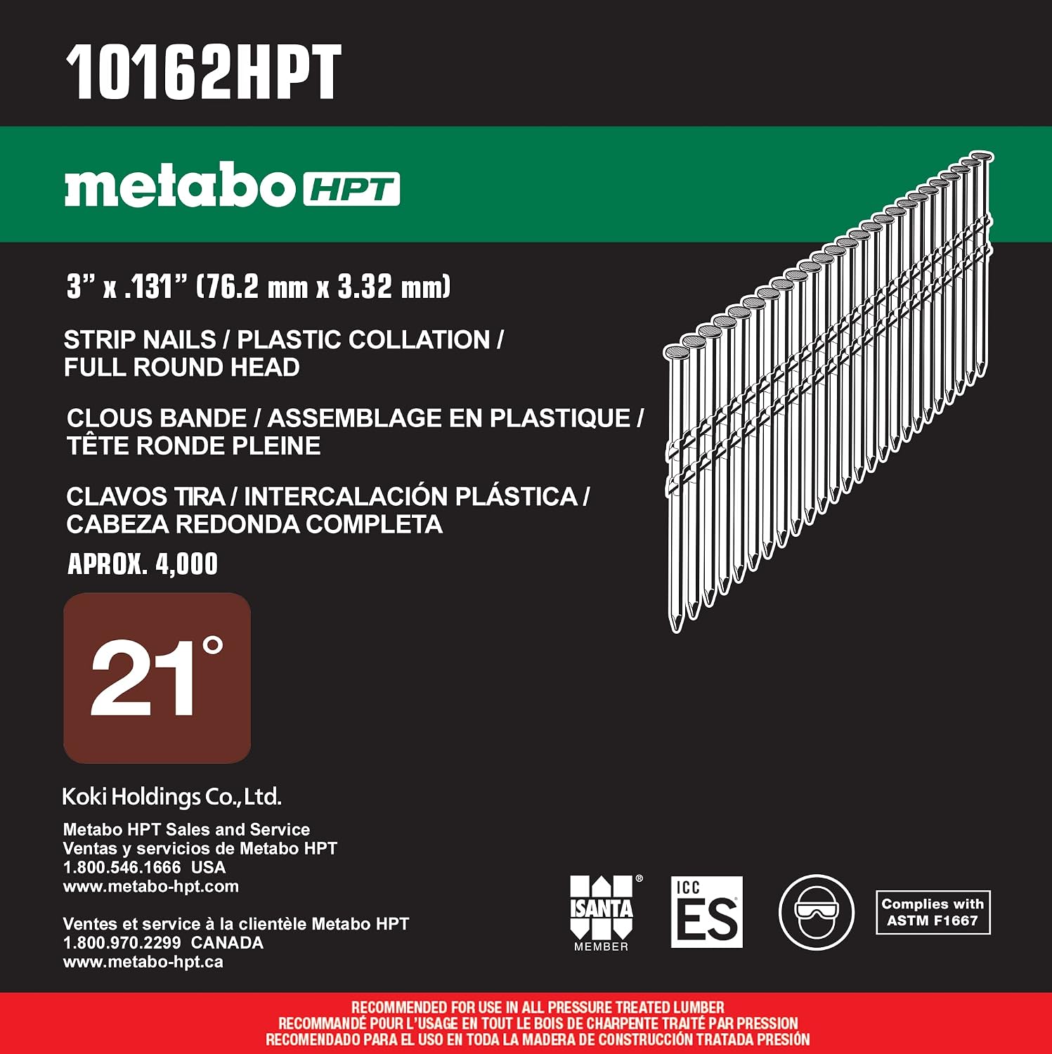 Metabo HPT Framing Nails | 3' x .131 | 21 Degree | Full Round Head | Hot Dipped Galvanized | Smooth Shank | 4,000 Count | 10162HPT