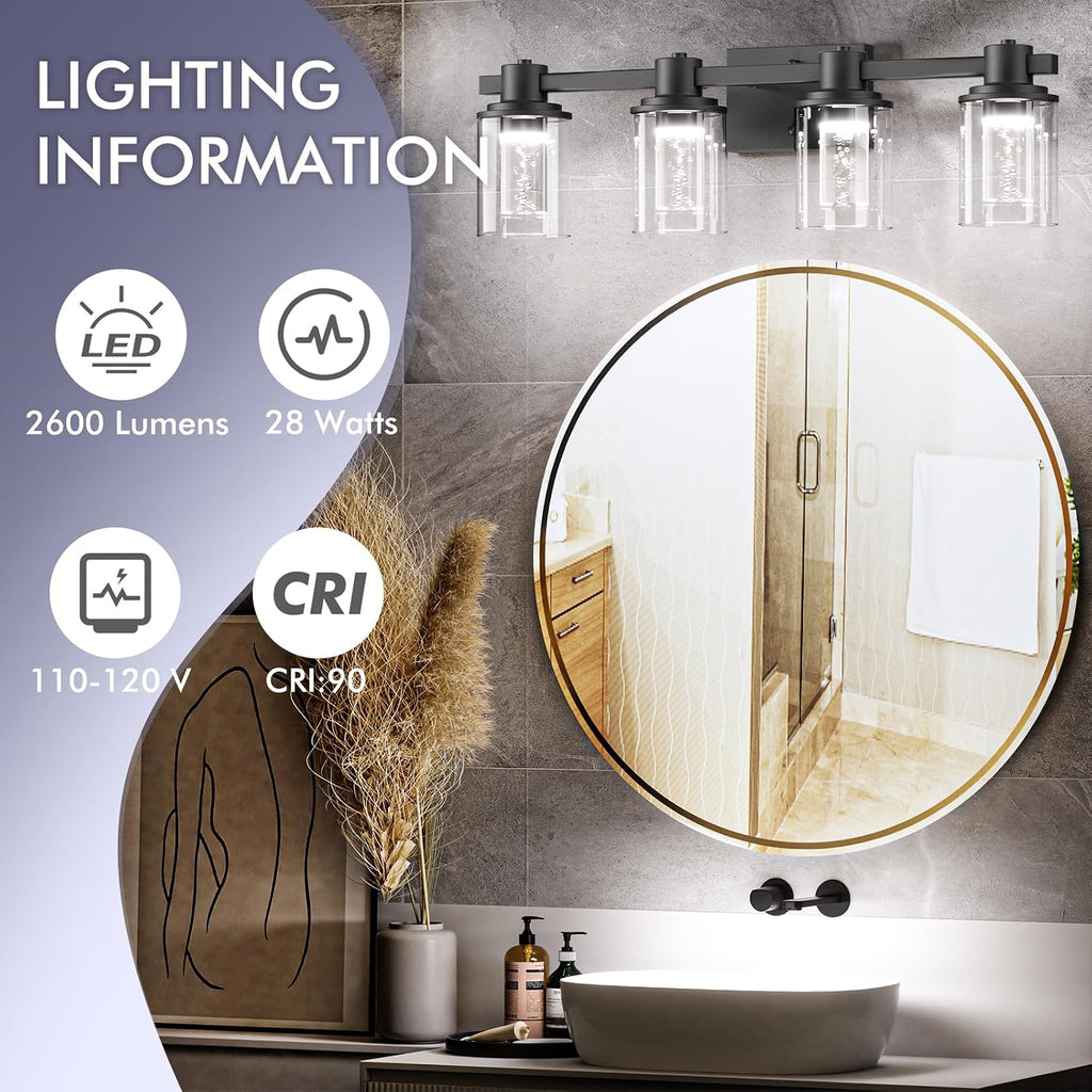 Quntis 4-Light Black Bathroom Light Fixtures with 5 Color Modes, 27 Inch Dimmable Modern Vanity Lighting Fixture Over Mirror, 28 Watts Eye Protection LED Wall Lamp (UL Certified, Bulbs Included)