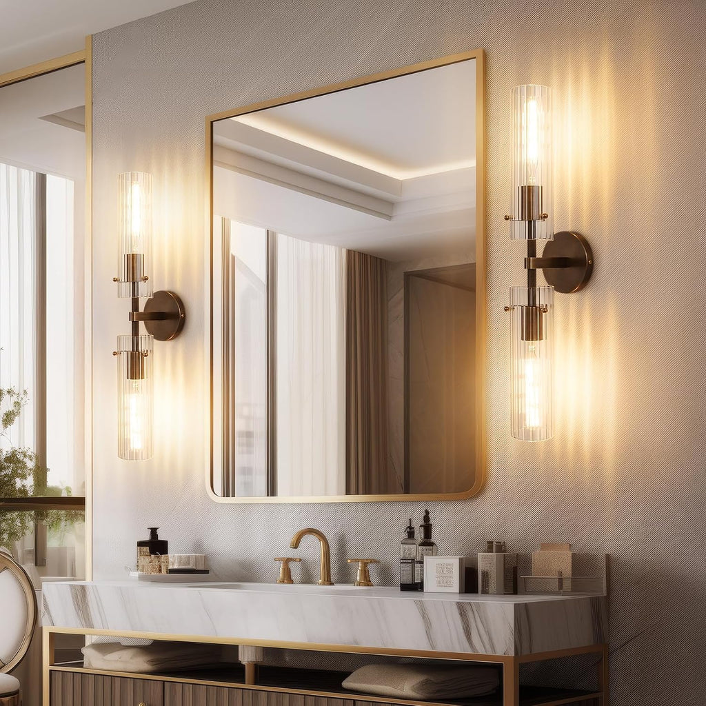 Brass Bronze 2-Light Knurled Wall Sconce, Dual-Head Vanity Lamp with Vertical Striped Glass Tube, Bathroom Wall Sconces, Wall Lights for Living Room Bedroom Hallway Kitchen Bathroom Mirror