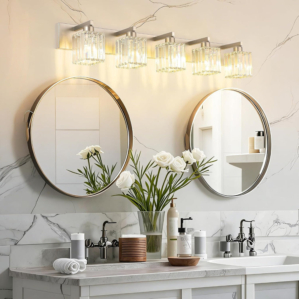 Aipsun Brushed Nickel Bathroom Lighting Fixtures 5 Light Vanity Light Crystal Modern Bathroom Vanity Light (Exclude Bulb)