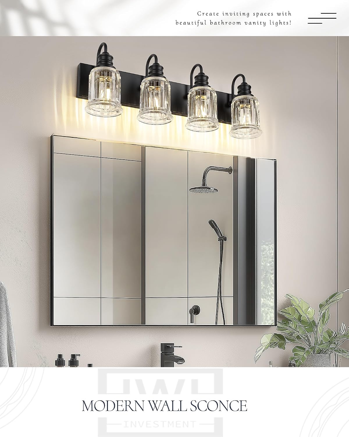 HWH 4-Light Bathroom Vanity Light, Wall Light Sconces for Bathroom, Dressing Table, Black Bathroom Mirror Wall Light with Bell-Shaped Clear Glass, Matte Black Finish, 5HZG106B-4W BK