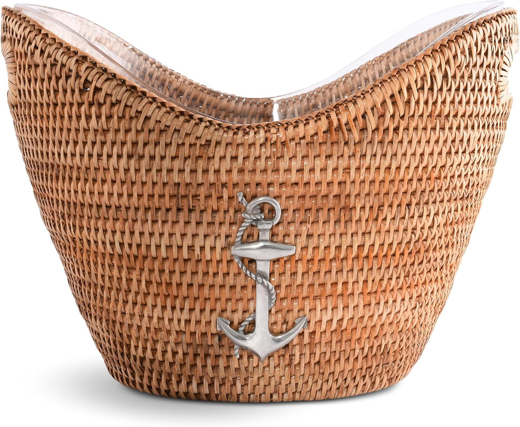 Vagabond House Beach Essentials - Cooler, Handwoven Rattan Wicker Champagne Bucket with Pewter Anchor Accent, Boho Bucket, Beach Home, Coastal Decor, Lightweight Holds Multi Wine Bottles Beer Soda