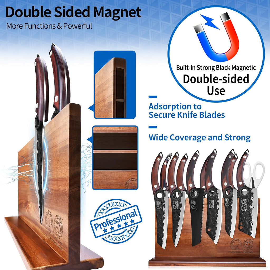 XYJ Authentic Since 1986,Knife Block Set,High Carbon Steel Forged Blades,Kitchen Knives Set with Wooden Magnetic Knife Block,Sharpening Steel,Cutting Board,Cleaver Slicing Knife,Wood Handle