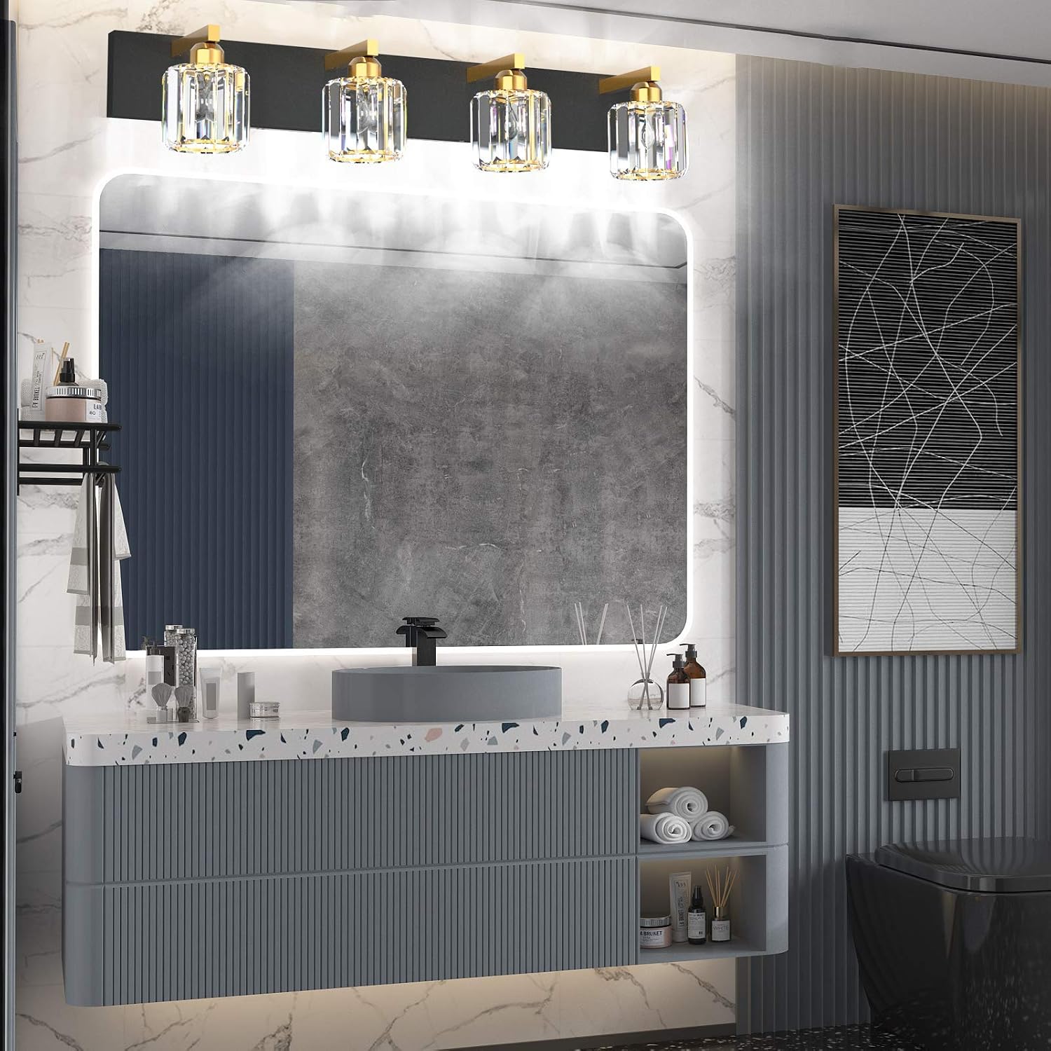 Aipsun Crystal Bathroom Vanity Lighting Black Vanity Light Fixtures Modern Vanity Light for Bathroom 4 Lights(Exclude Bulb)