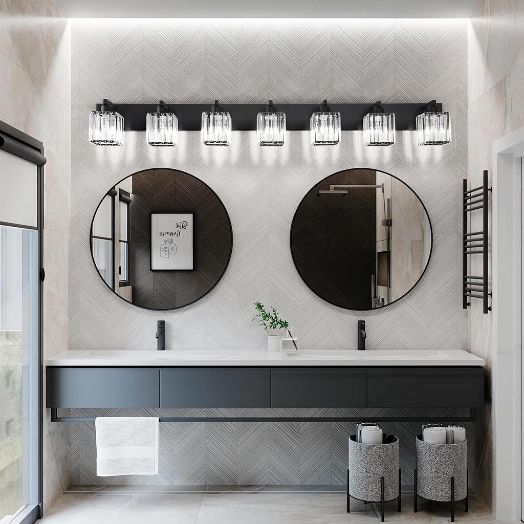 Aipsun Black Vanity Light Crystal Bathroom Lighting Fixtures Modern Bathroom Vanity Light 7 Light (Exclude Bulb)