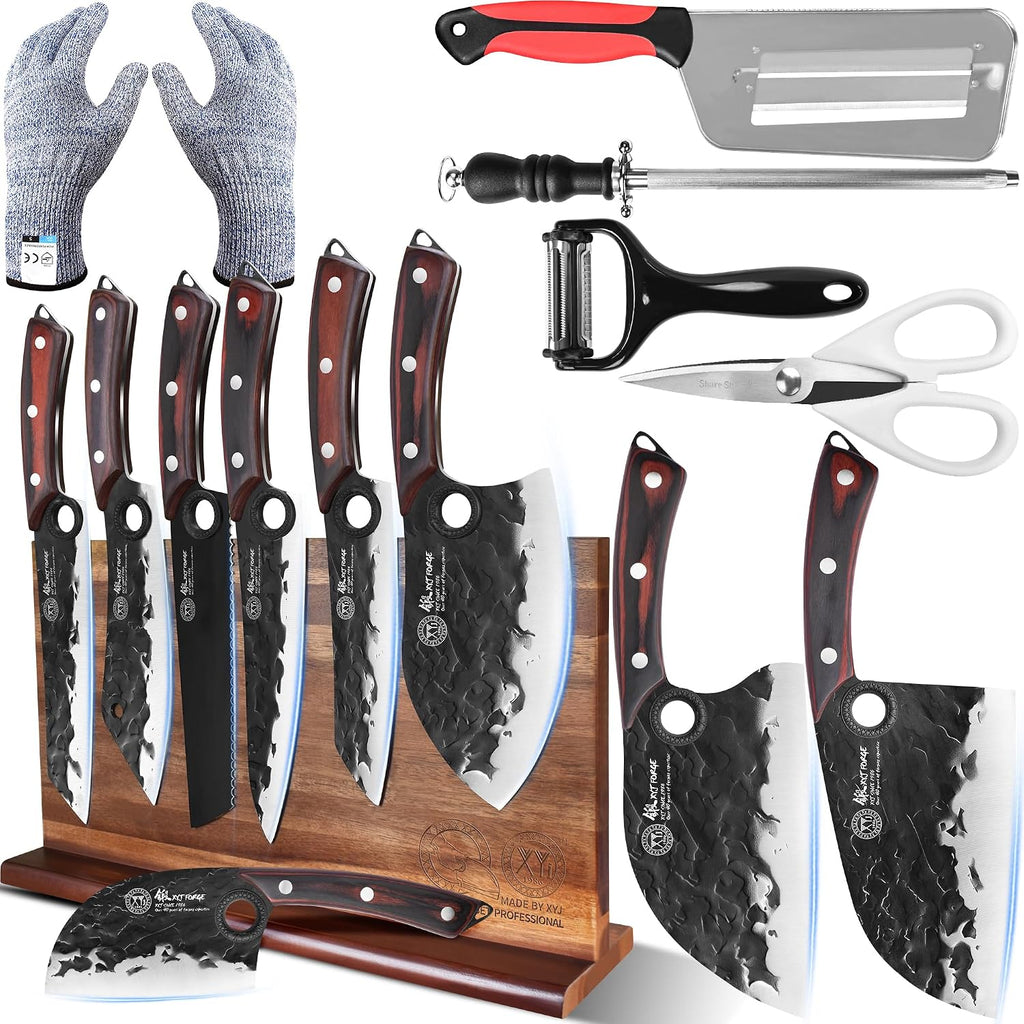 XYJ Knife Block Set, Professional Kitchen Knife Set with Magnetic Knife Block, Cutting Board, Honing Steel, High-Carbon Steel forged Blades, Chef's Knife, Cleaver, Carving Knife, Full Tang Design