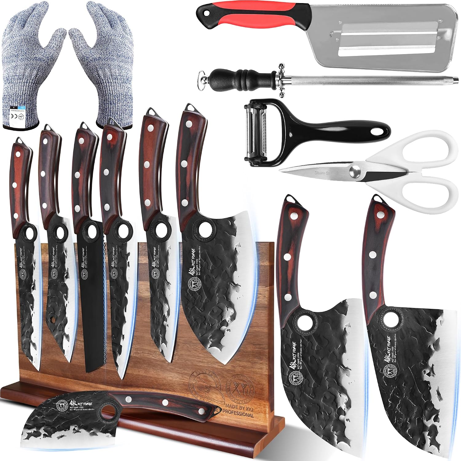 XYJ Knife Block Set, Professional Kitchen Knife Set with Magnetic Knife Block, Cutting Board, Honing Steel, High-Carbon Steel forged Blades, Chef's Knife, Cleaver, Carving Knife, Full Tang Design