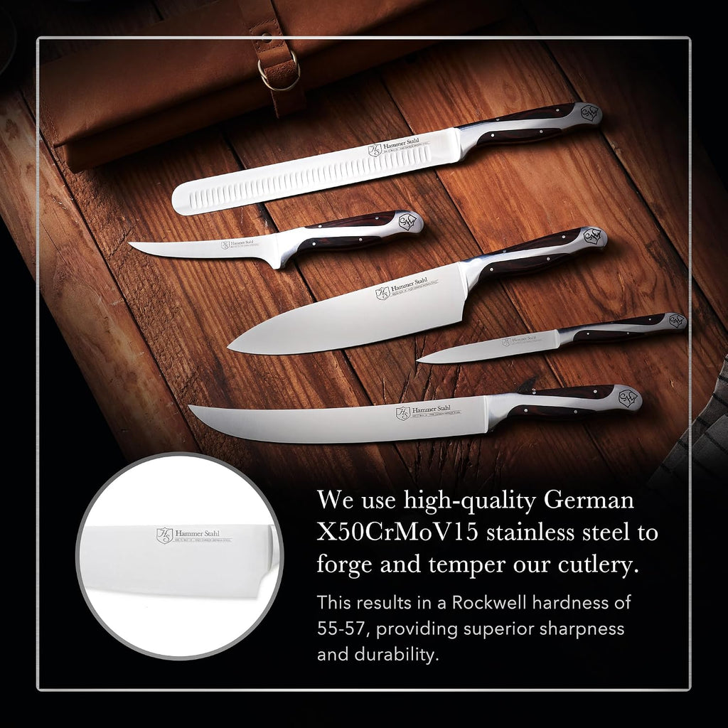 Hammer Stahl BBQ Knife Set | 5 Knives with Engraved Leather Roll | The Essential Barbecue Tools | High Carbon German Forged Stainless Steel Blades