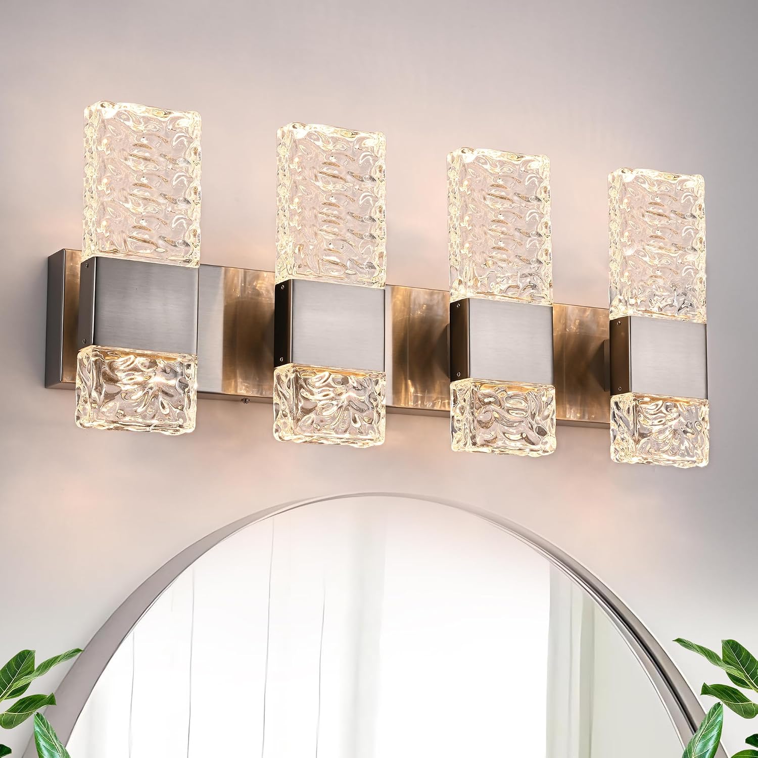 LED 32W 4 Light Vanity Wall Lighting in Brushed Nickel Finish, Indoor Bathroom Lighting with Crystal Lampshade Wall Mounted Lights Fixtures for Modern Bathroom Decor