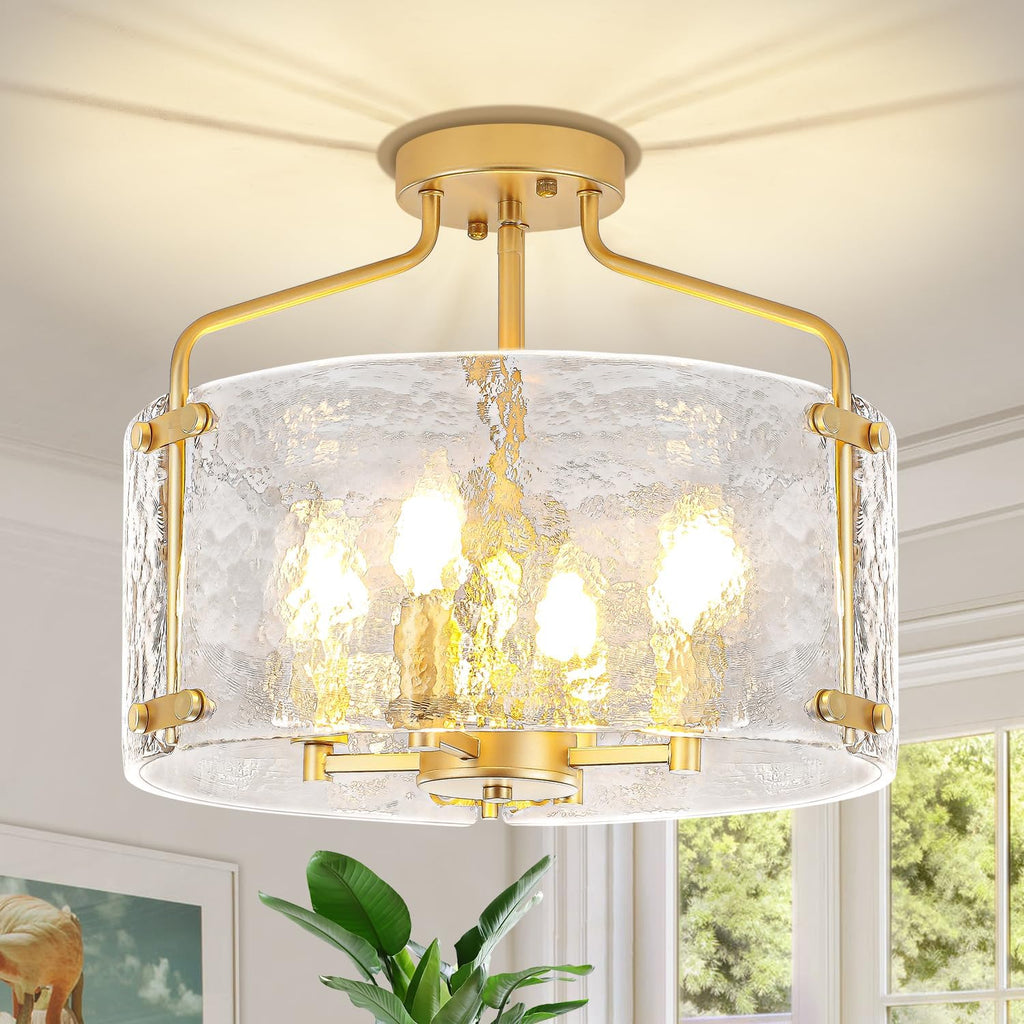 4-Light Gold Semi Flush Mount Ceiling Light, Modern Hammered Glass Drum Chandelier Entryway Light Fixtures Kitchen Close to Ceiling Lights for Bathroom Hallway Dining Room Foyer Lighting