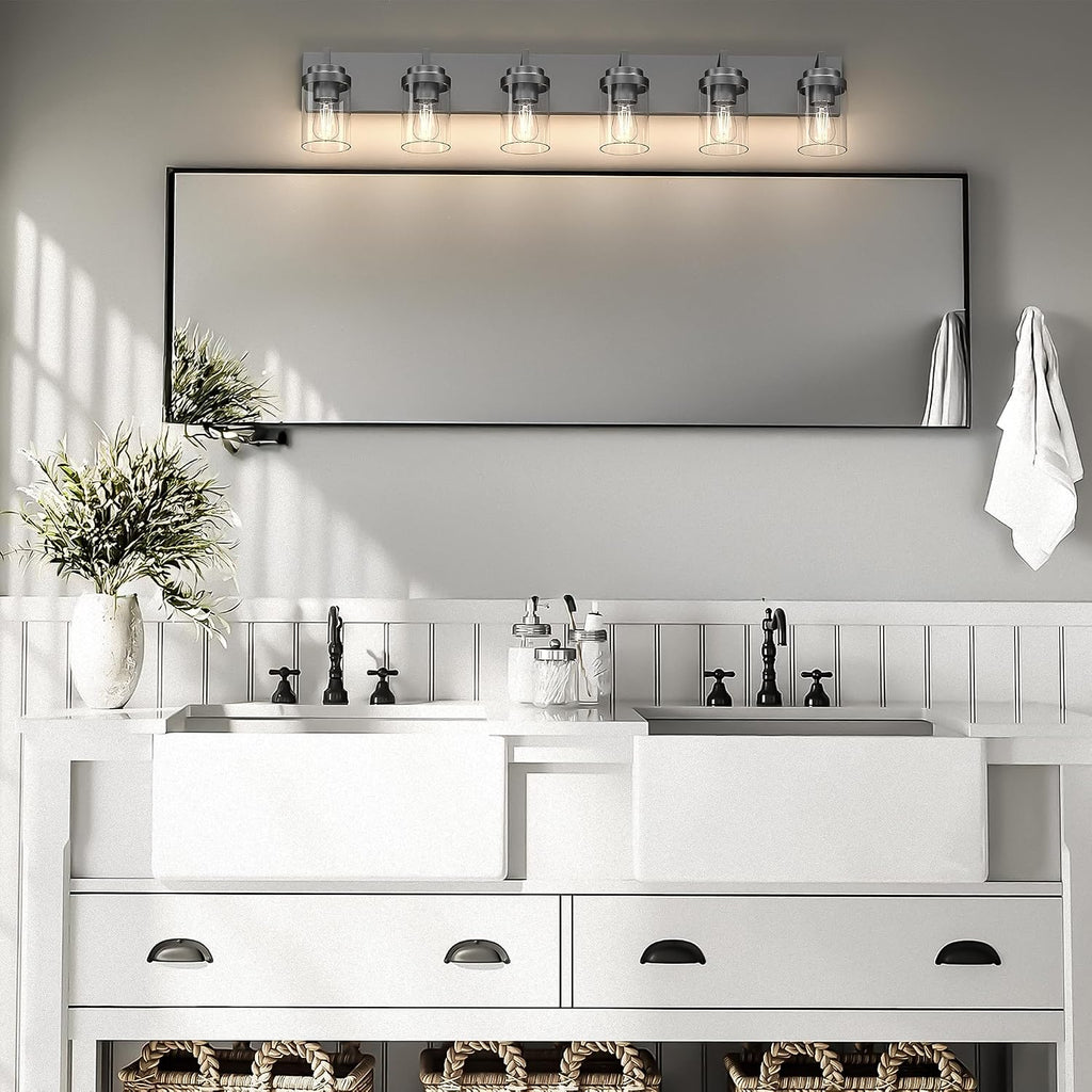 Bathroom Vanity Light, 6 Light Bathroom Light Fixtures Over Mirror, Black Vanity Lights with Clear Glass Shade, Modern Bathroom Light Fixtures for Bedroom, Hallway