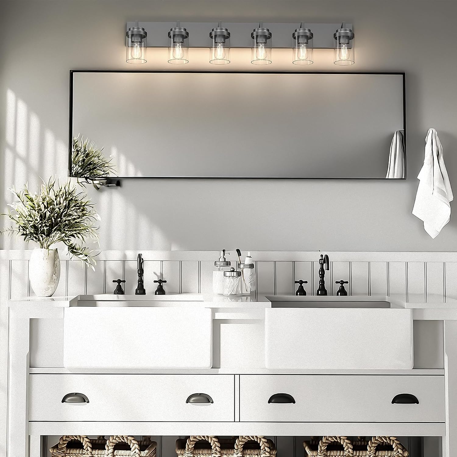 Bathroom Vanity Light, 6 Light Bathroom Light Fixtures Over Mirror, Black Vanity Lights with Clear Glass Shade, Modern Bathroom Light Fixtures for Bedroom, Hallway