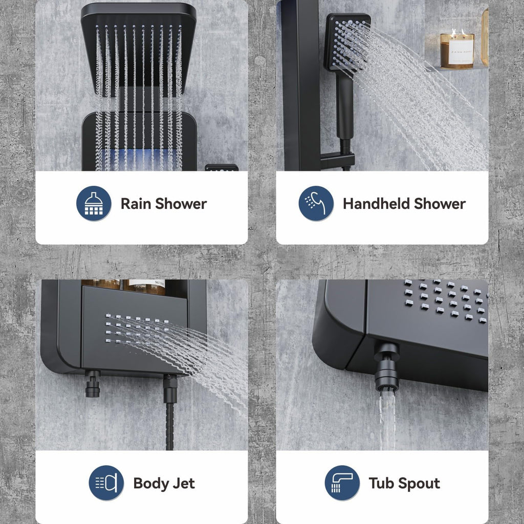 ELLO&ALLO LED Shower Panel Tower System with Shelf, Rainfall Shower Head and Rain Massage System with Body Jets, Stainless Steel Bathroom Fixtures, Matte Black