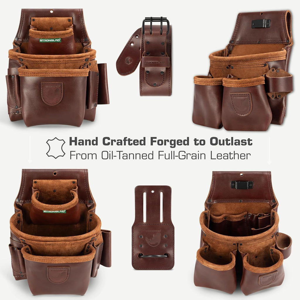 STRONGLAD Framing Tool Belt - 21-Pocket Full-Grain Oil-Tanned Leather Carpenter Tool Bags, Construction Tool Belt with Hammer Holder