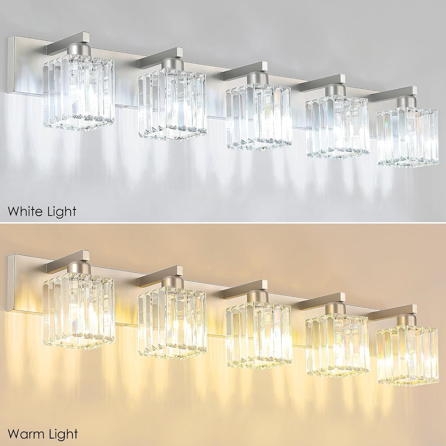 Aipsun Brushed Nickel Bathroom Lighting Fixtures 5 Light Vanity Light Crystal Modern Bathroom Vanity Light (Exclude Bulb)