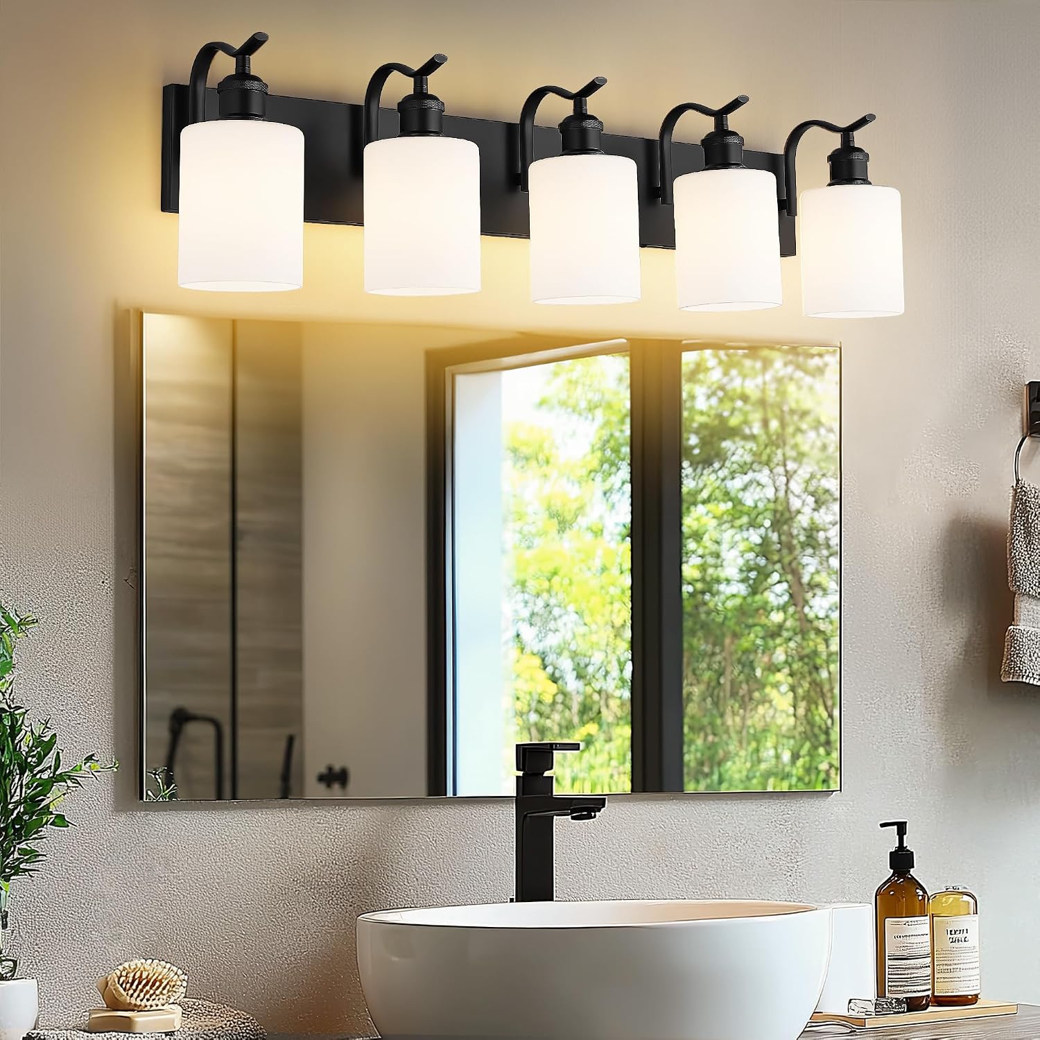 5 Light Bathroom Vanity Light, Morden Black Vanity Light Bathroom Lighting Fixtures Over Mirror Black Wall Sconces with Milky White Frosted Shade ZCVL01BKW-5