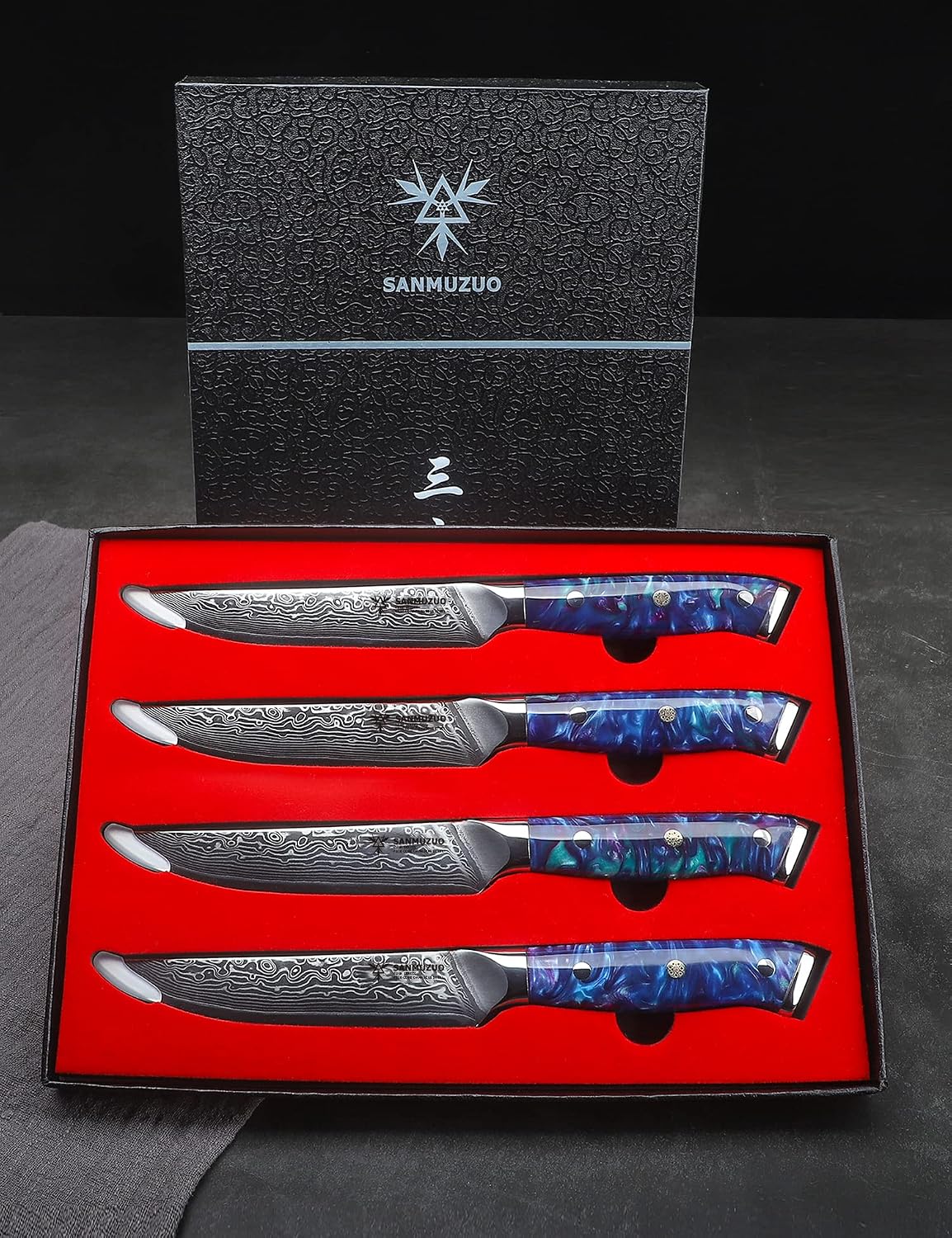 Steak Knives Set of 4, Ultra Sharp Non Serrated Kitchen Steak Knife 5 Inch - Damascus Steel & Resin Handle - Xuan Series (Sapphire Blue)