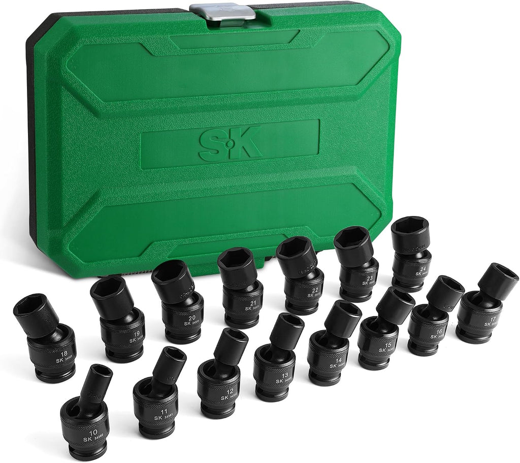 SK 1/2' Drive Universal Swivel Impact Socket Set, Metric Socket Set, 15-Piece, Premium CR-MO Steel, SureGrip 6 Point Design, with Storage Case