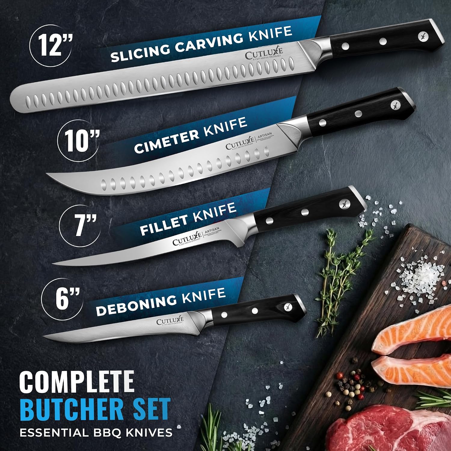 Cutluxe Butcher Knife Set – BBQ Brisket, Breaking, Boning & Fillet knives - Carving Knife Set for Meat Cutting, Ultra Sharp German Steel, Full Tang, Ergonomic Handles – Artisan Series
