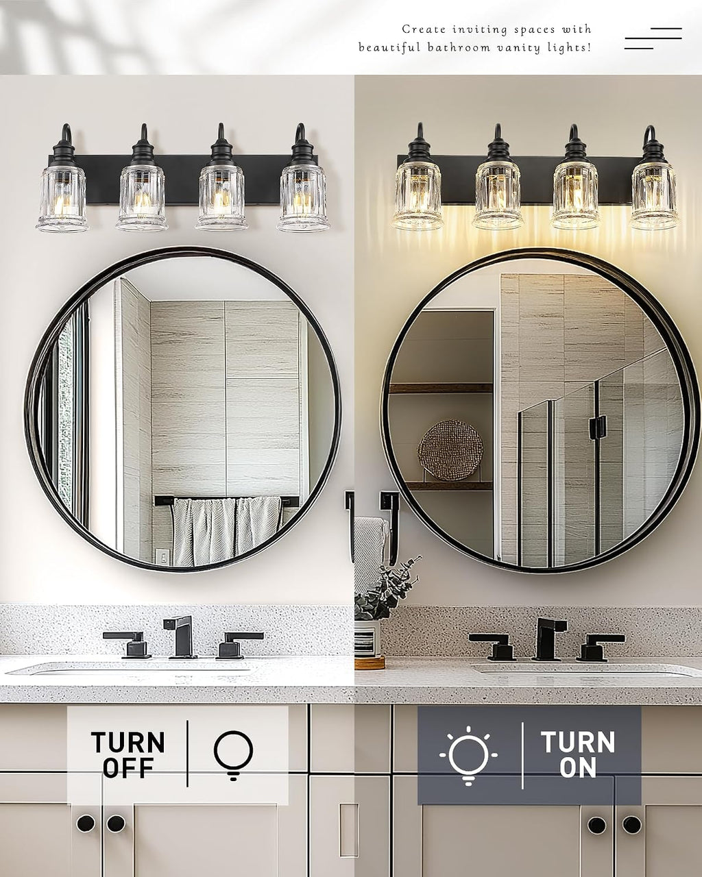 HWH 4-Light Bathroom Vanity Light, Wall Light Sconces for Bathroom, Dressing Table, Black Bathroom Mirror Wall Light with Bell-Shaped Clear Glass, Matte Black Finish, 5HZG106B-4W BK