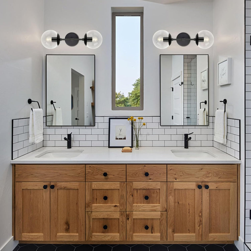 KoKo&Yukina 2 Pack Mid Century Modern Bathroom Vanity Light Matte Black Vanity Lighting Fixtures Modern Wall Sconce 2-Lights Globe Vanity Light with Clear Glass Shade for Bathroom(Bulb Incl.)