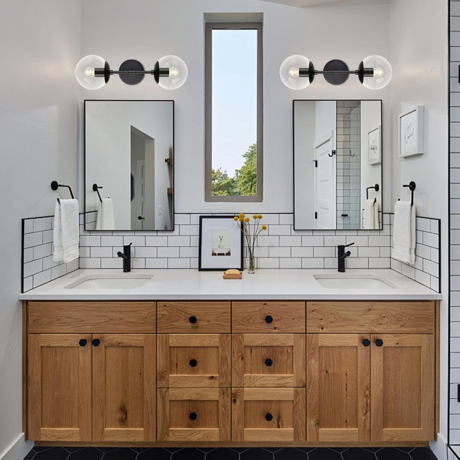 KoKo&Yukina 2 Pack Mid Century Modern Bathroom Vanity Light Matte Black Vanity Lighting Fixtures Modern Wall Sconce 2-Lights Globe Vanity Light with Clear Glass Shade for Bathroom(Bulb Incl.)